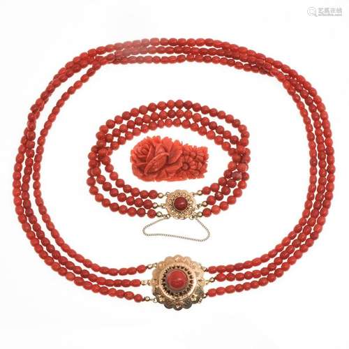 A Red Coral Necklace, Bracelet and Brooch