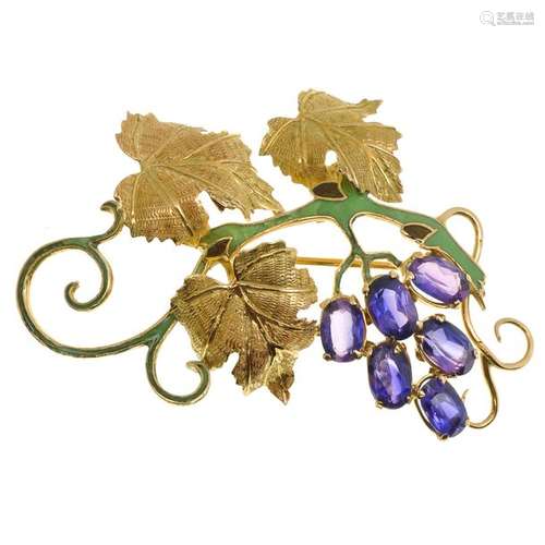 An 18KG Bucherer Enamel and Gemstone Brooch