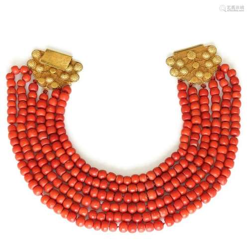 A Fine 19th Century Six Strand Red Coral Necklace