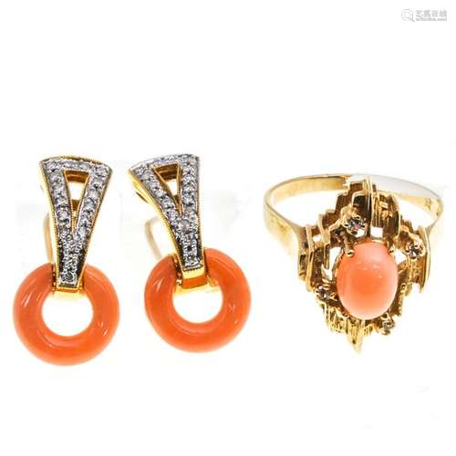 A Red Coral Ring and Red Coral Earring with Diamon…