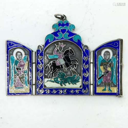 A Russian Enamel and Silver Travel Icon