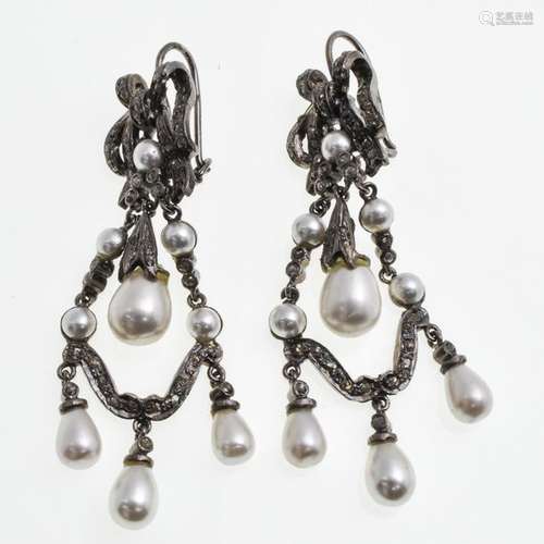 A Pair of Diamond and Cultured Pearl Earrings