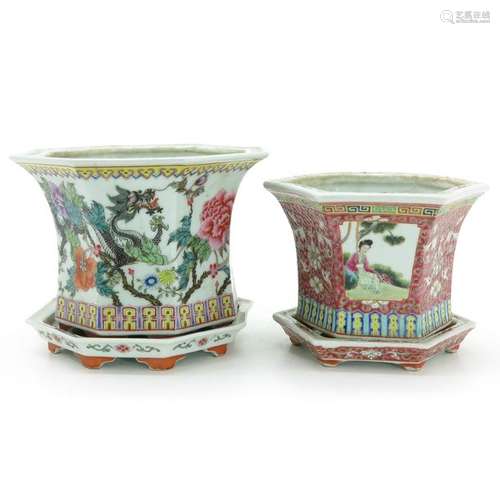 Two Famille Rose Decor Cache Pots