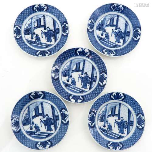 A Series of Five Small Blue and White Plates