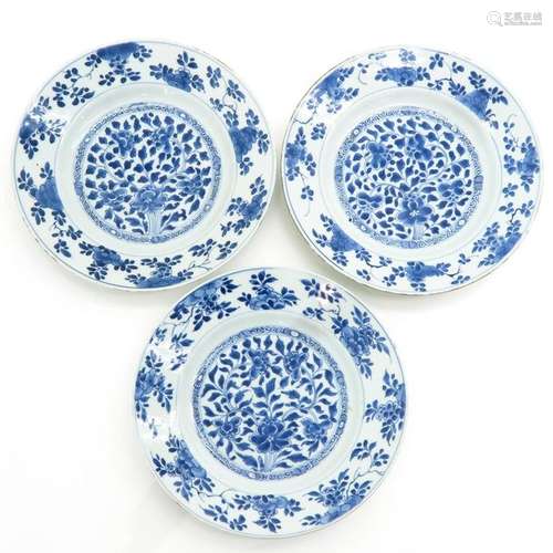 A Series of Three Blue and White Plates