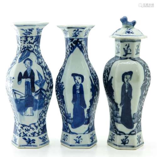 Three Blue and White Garniture Vases