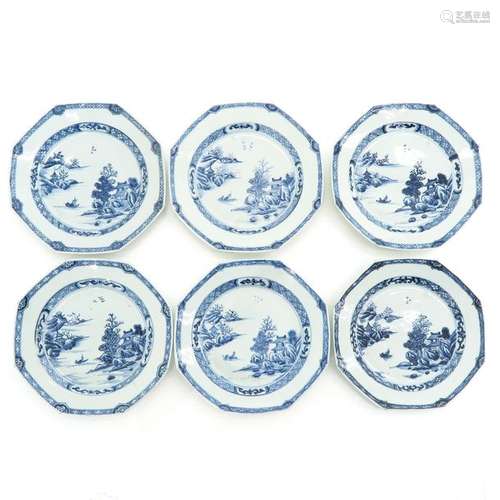 A Series of Six Blue and White Plates