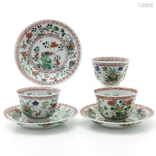 Three Famille Verte Decor Cups and Saucers