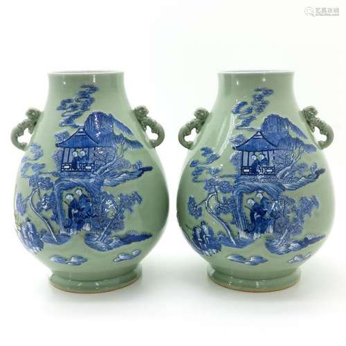 A Pair of Celadon Decor Vases