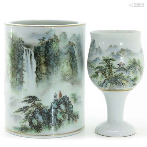 A Qianjiang Cai Decor Brush Pot and Stem Cup