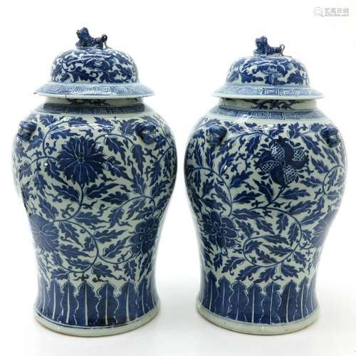 A Pair of Blue and White Temple Jars with Cover