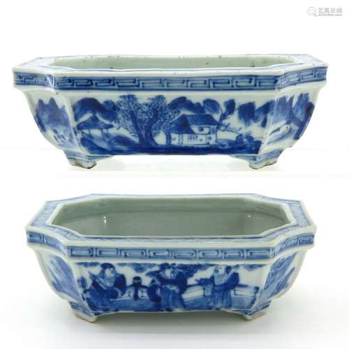 A Pair of Blue and White Decor Planters