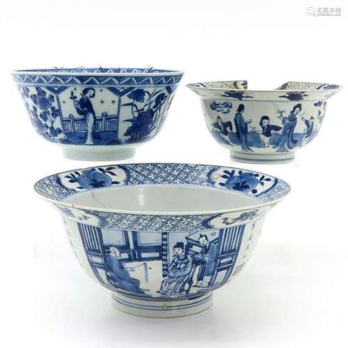 Three Blue and White Flared Rim Bowls