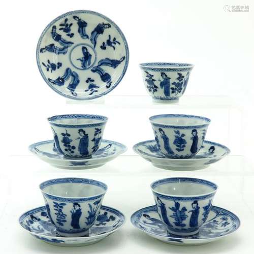 Five Blue and White Decor Cups and Saucers