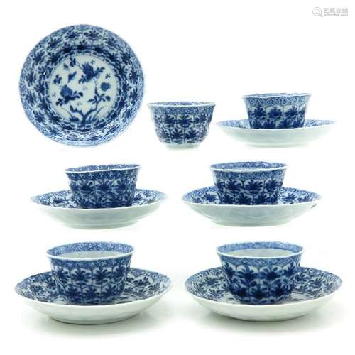 Six Blue and White Cups and Saucers