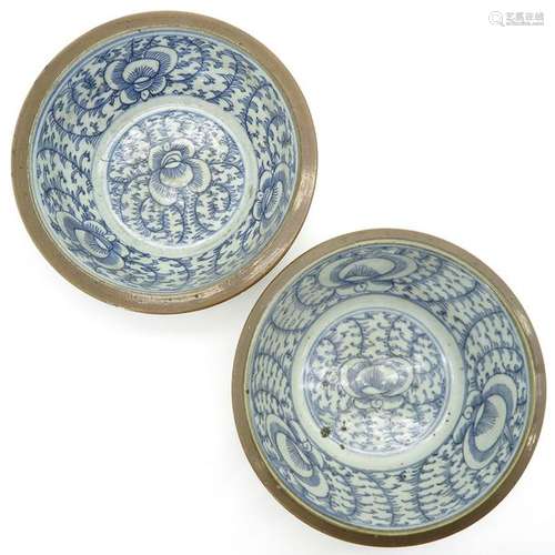 Two Blue and White Rice Bowls