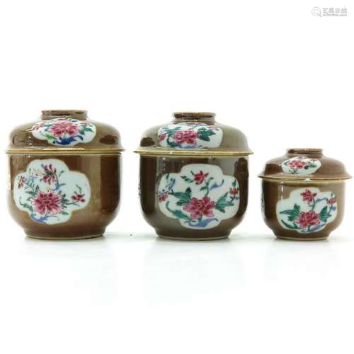 Three Famille Rose Covered Jars