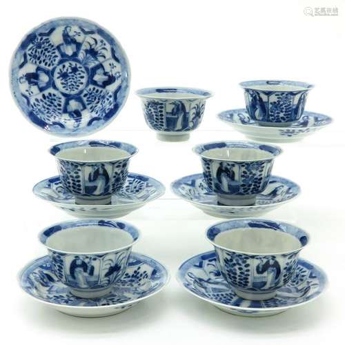 Six Blue and White Cups and Saucers