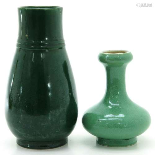 Two Monchrome Green Glaze Vases