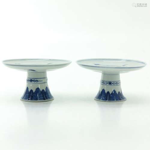 A Pair of Blue and White Stem Trays