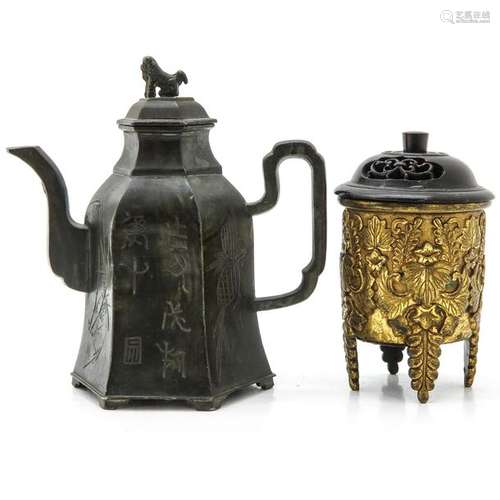 A Teapot and Gitl Bronze Censer