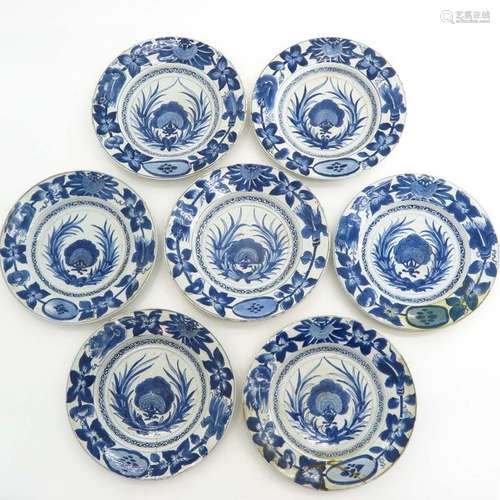 A Series of Seven Blue and White Plates