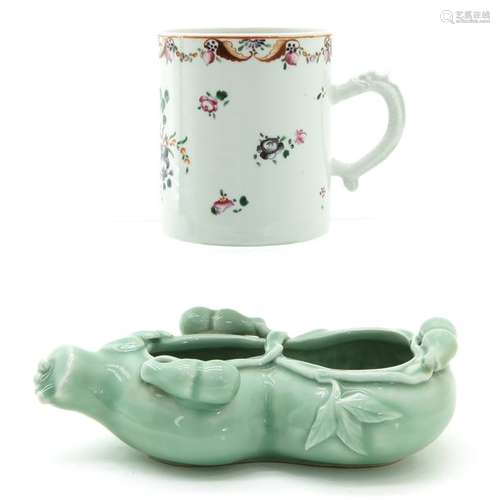 A Famille Rose Mug and Celadon Censer