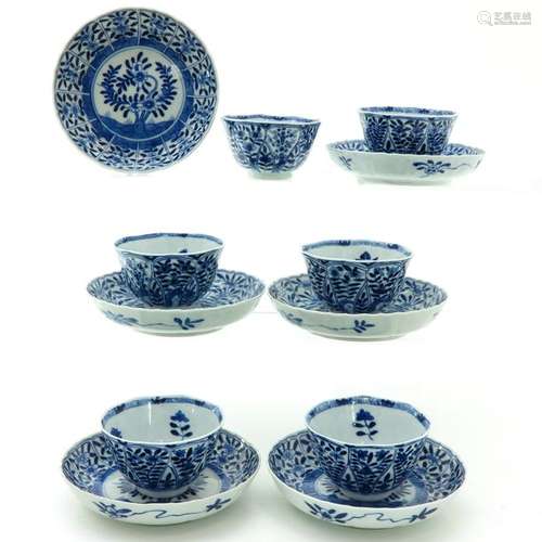 Six Blue and White Cups and Saucers