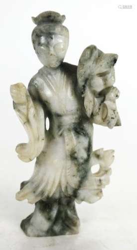 Spinach Jade Carved Figurine of Woman w/ Flowers