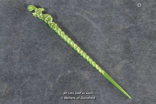 A Chinese green hardstone hairpin, 19cm long.