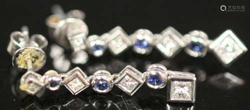 PAIR OF DIAMOND & SAPPHIRE 14KT DROP EARRINGS