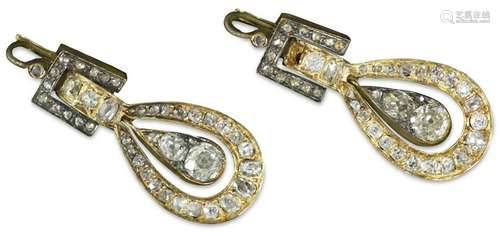 PAIR OF EUROPEAN CUT DIAMOND GOLD EARRINGS