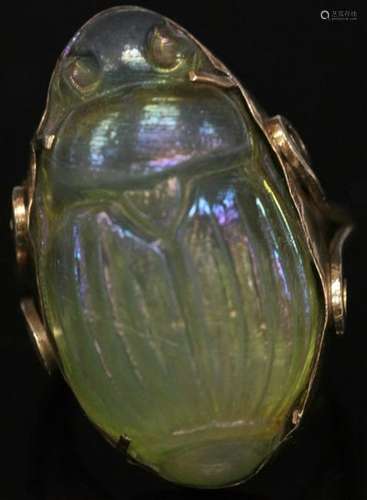 VINTAGE GLASS  SCARAB BUG 14KT GOLD RING