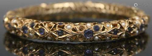 SAPPHIRE & PEARL 14KT HINGED BANGLE BRACELET