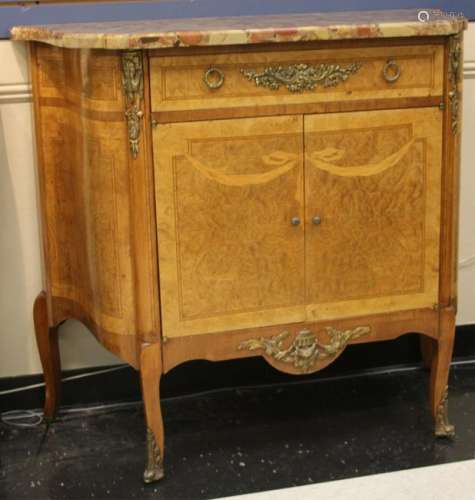 FRENCH MARQUETRY MARBLE TOP CABINET, 1900'S