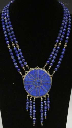 LAPIS BEADED NECKLACE W/ STERLING SILVER, 198 G