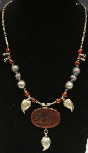 ANTIQUE TRIBAL SILVER NECKLACE W/ CARNELIAN