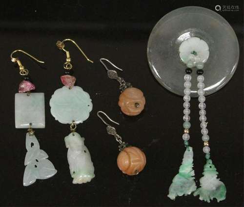 LOT OF (3) CARVED JADE JEWELRY PIECES, W/ EARRINGS