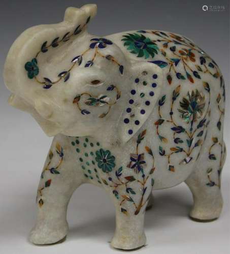 VINTAGE CARVED MARBLE ELEPHANT W/ LAPIS, TURQUOISE