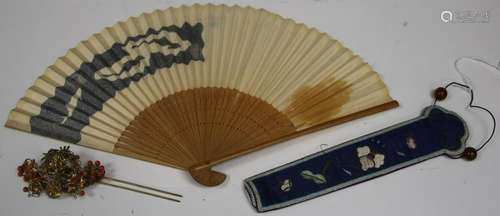 LOT OF (3): CHINESE EMBROIDERY, FAN, & CORAL PIN