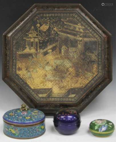 LOT OF (4) CHINESE BOXES: LAQUERED & CLOISONNE