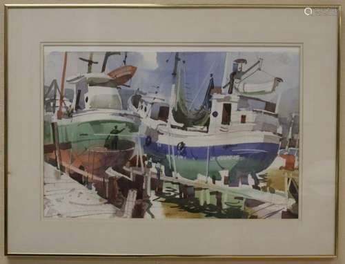 TOM HILL, WATERCOLOR OF BOATS AT HARBOR