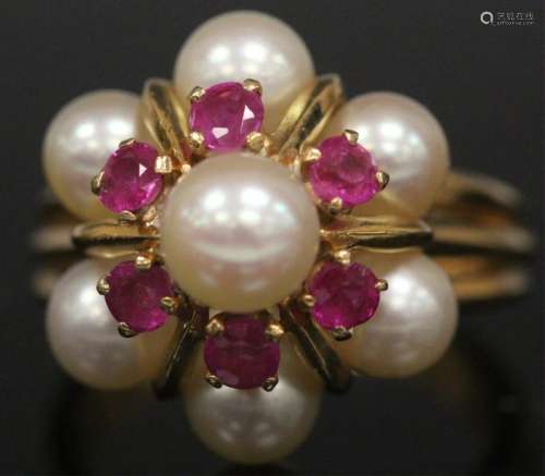 PEARL & RUBY 14KT YELLOW GOLD RING, 8.5 GRAMS