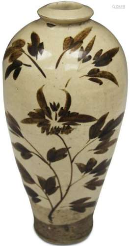 CHINESE BROWN POTTERY VASE W/ LEAF MOTIF