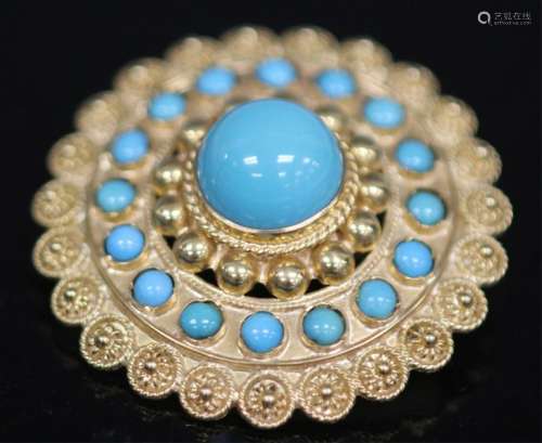 18KT PERSIAN TURQUOISE BROOCH, 12.9 GRAMS