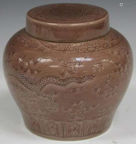 CHINESE PLUM COLORED PORCELAIN COVERED JAR, 5 1/2