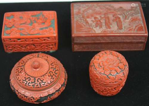 LOT OF (4) CHINESE CARVED CINNABAR BOXES