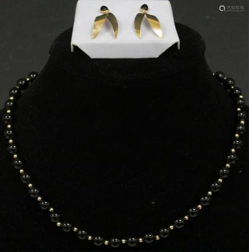 LOT OF (2) ONYX 14KT GOLD: EARRINGS & NECKLACE