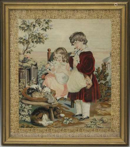 19TH C. PETITE POINT TAPESTRY, FRAMED