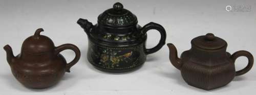 LOT OF (3) CHINESE TEAPOTS: CLAY W/ INLAY